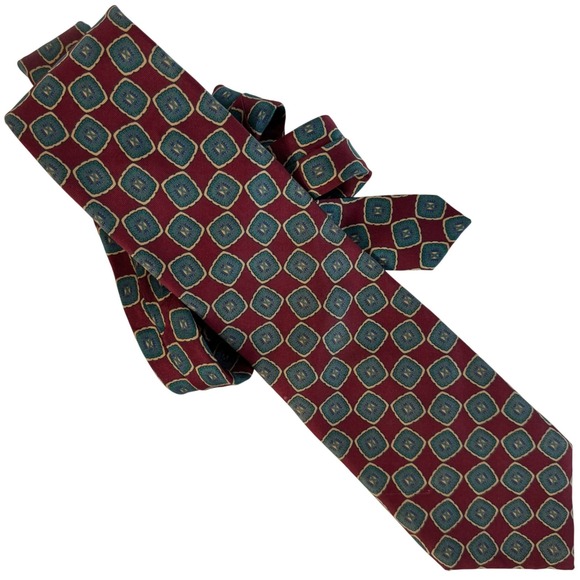 Christian Dior Monsieur Silk Tie Burgundy Green Geometric Medallion 90s Italy - Picture 1 of 3